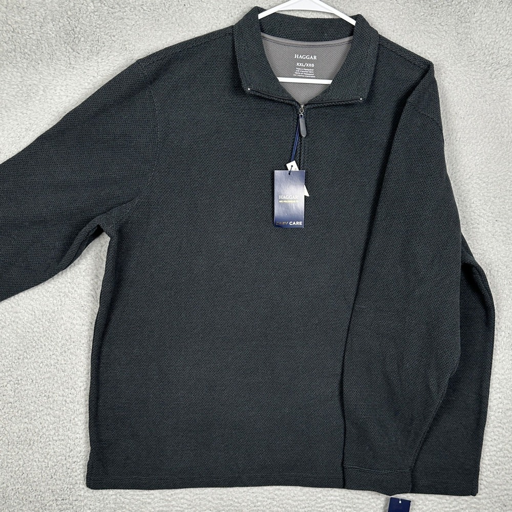 NEW Haggar Sweater Men 2XL Quarter Zip Charcoal Grey Waffle Knit Fleece Pullover
